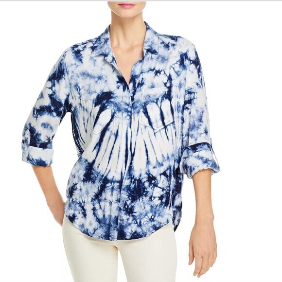 AQUA Tie Dye Shirt Small Blue Rayon Long Sleeve Button Up NWT Bloomingdales - Picture 2 of 13